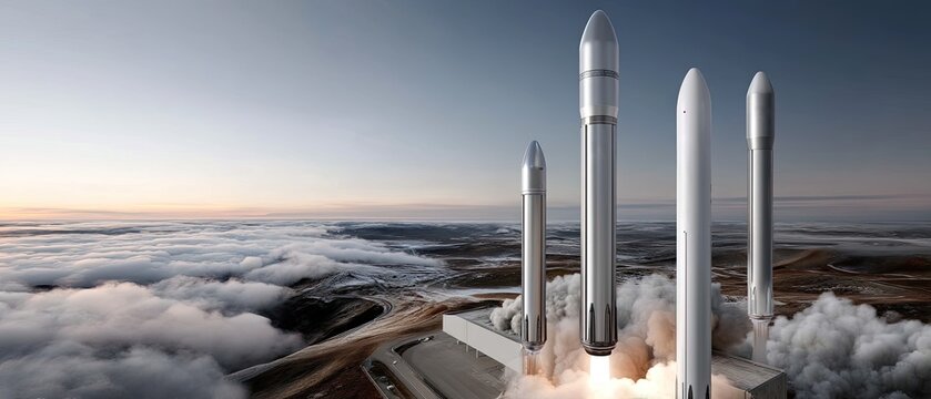 Rockets take off simultaneously into space, surrounded by dense clouds and smoke, showcasing the power of modern space exploration efforts.