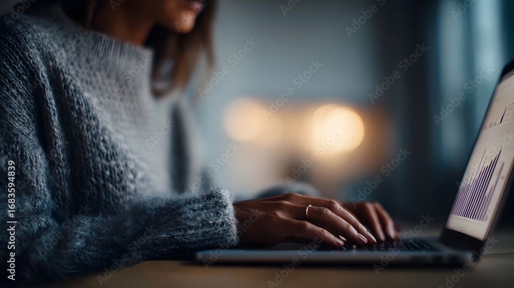 Aufkleber a person in a cozy sweater types on a laptop displaying financial data and graphs working from a dim