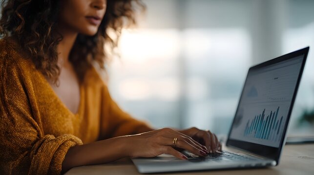 Focused woman typing on a modern laptop analyzing digital charts and graphs for business insights in a well lit home office setting