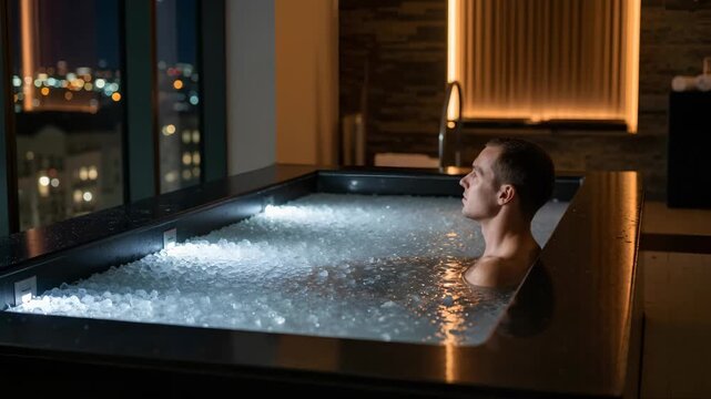 Man enjoys cold plunge therapy in modern ice bath. Ice bath session promotes wellness and stress relief. Cold water immersion boosts circulation and provides relaxation.