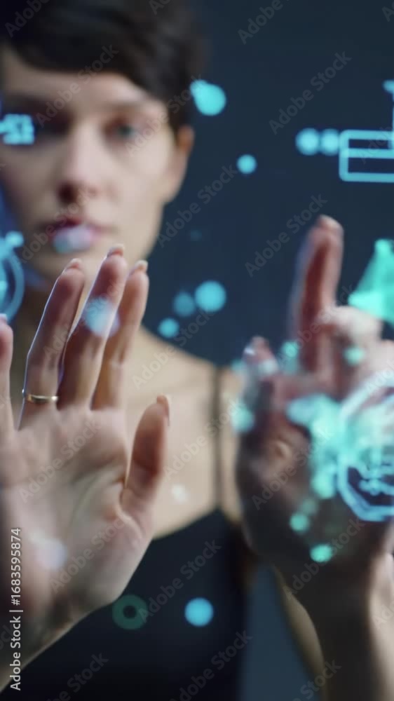 Poster sleek hands interact with a glowing transparent digital interface, generating blue-teal data streams