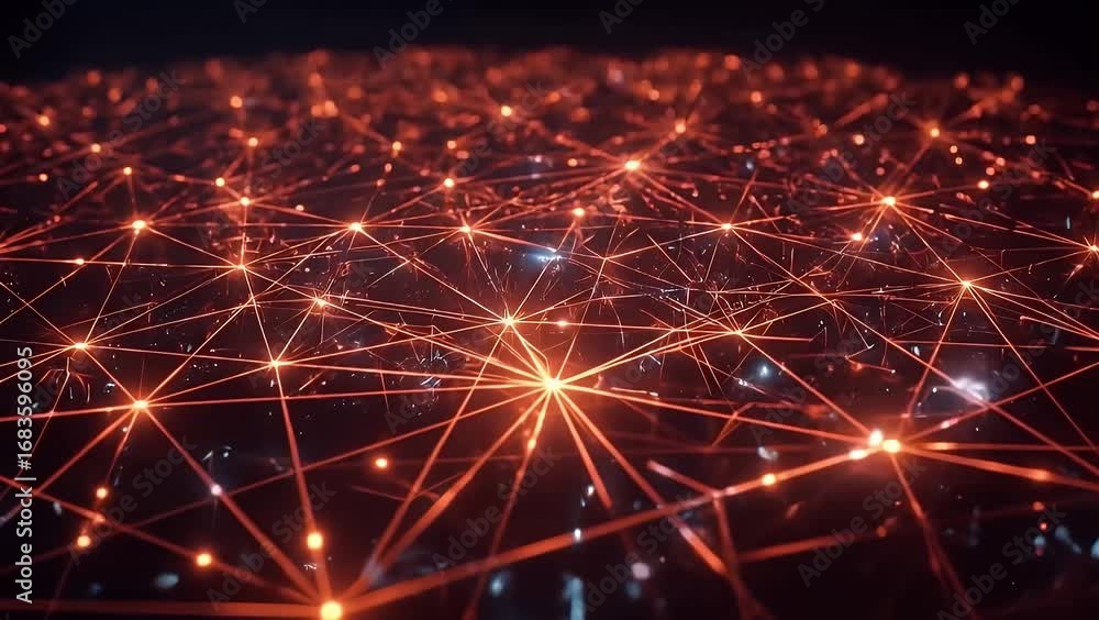 Poster futuristic digital network visualization - glowing connections pulsating across a dark, abstract lan