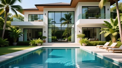 Fototapeta premium Modern villa with pool and tropical garden