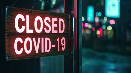 Closed Sign Due to COVID-19 in Empty Urban Night Scene