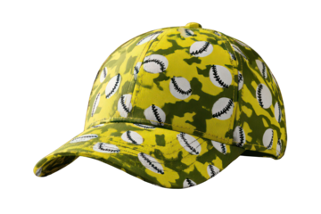 Yellow baseball cap with a camouflage print of baseballs