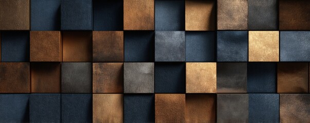 Fototapeta premium Abstract geometric pattern of square blocks in brown and dark blue tones