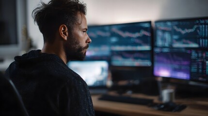 Focused man working intently at a multi screen computer workstation analyzing complex digital data charts and financial markets in a modern office