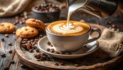 A steaming cup of latte art, with milk being poured, sits on a rustic wooden tray, accompanied by cookies and coffee beans.