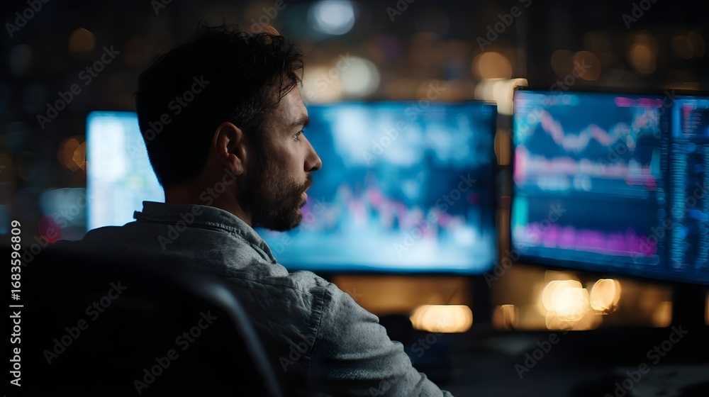 Aufkleber focused man analyzing real time financial data on multiple computer screens in a dark office with ci