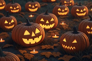 Fototapeta premium Glowing jack o lanterns and candles illuminate a spooky halloween night