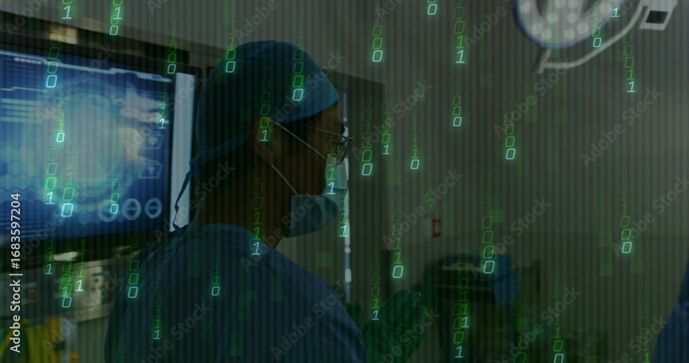 Poster surgeon in blue scrubs operating in operating room, with medical monitor and binary code overlay