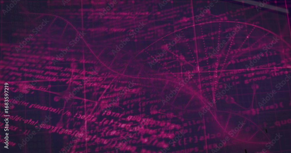 Aufkleber visualizing translucent dna helix entwining with magenta code lines in data display, grid overlay