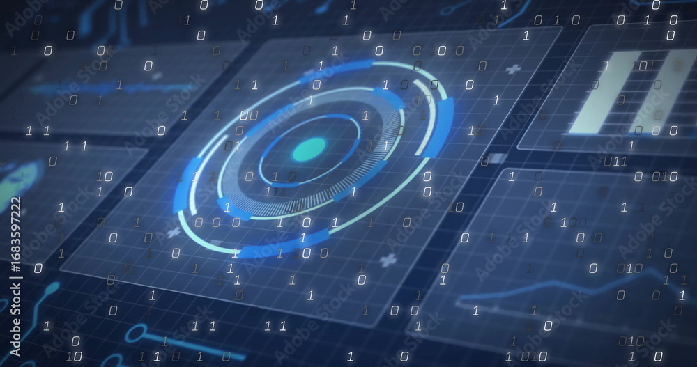 Aufkleber showing concentric circular hud element rotating at digital dashboard, with streaming binary digits
