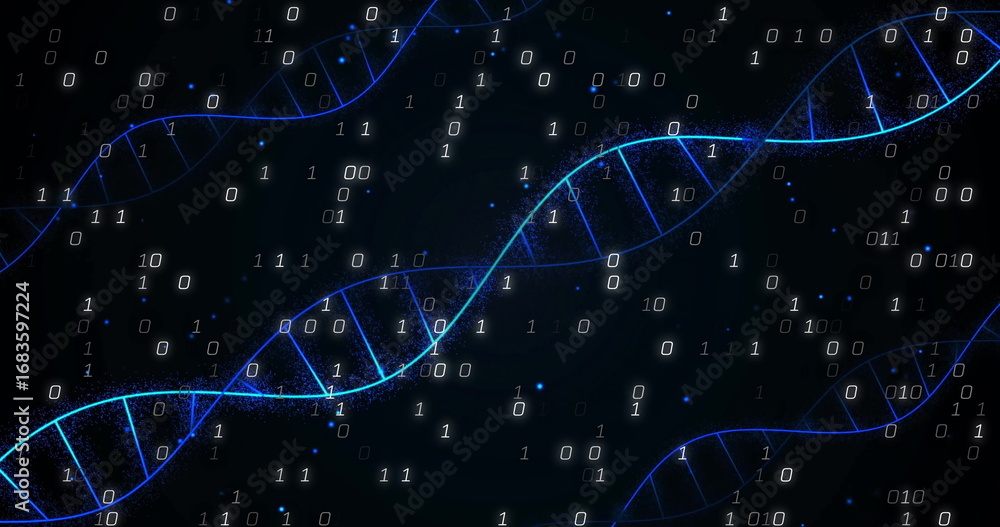 Poster twisting glowing blue dna double helix strands floating in digital space, with binary digits
