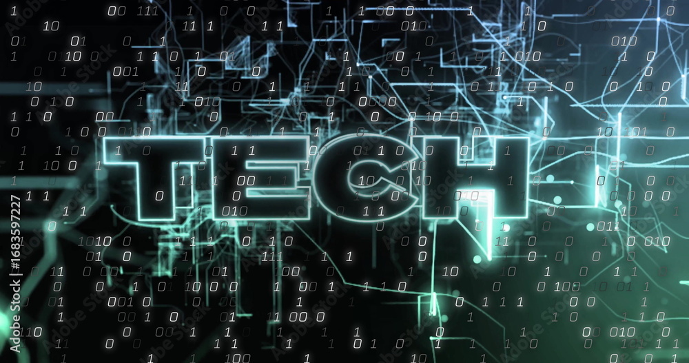 Aufkleber illuminating neon text tech featuring data-network, streaming binary code and glowing energy trails