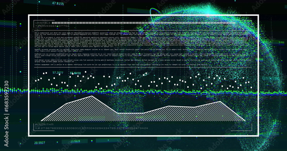 Poster white-bordered panel displaying algorithmic text and waveform in dashboard, with point-cloud sphere