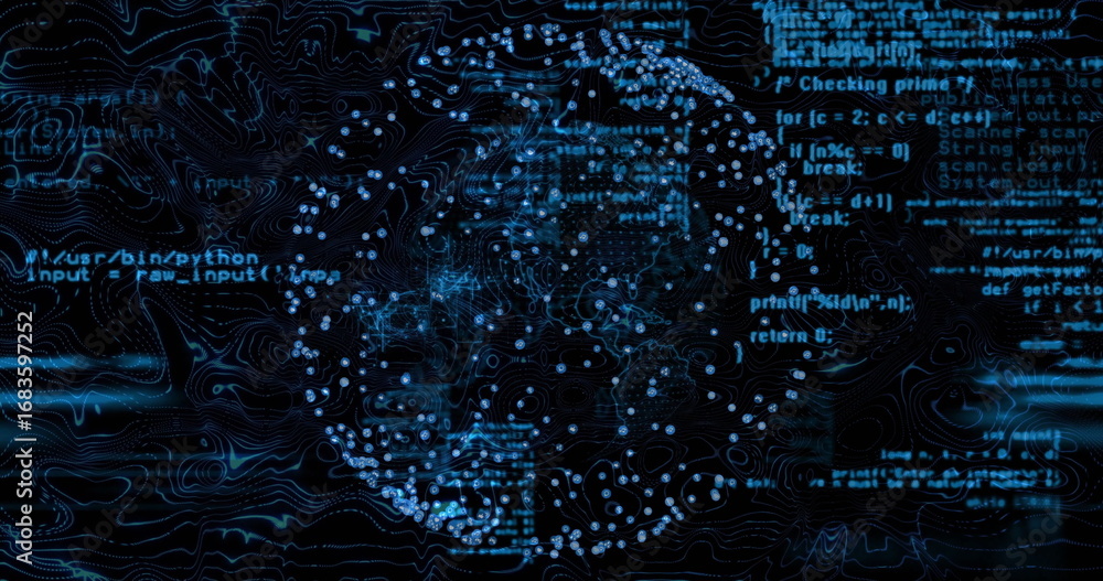 Aufkleber displaying spherical network glowing with blue nodes in virtual interface, with code and contours