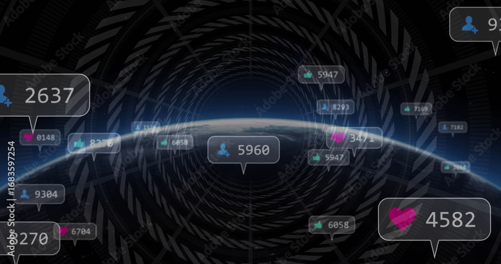 Poster displaying earth horizon with floating notification bubbles in outer space, geometric tunnel