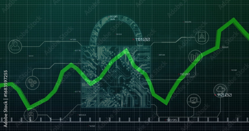 Poster circuit-board padlock overlaying green line graph on grid, with connected icons and data labels