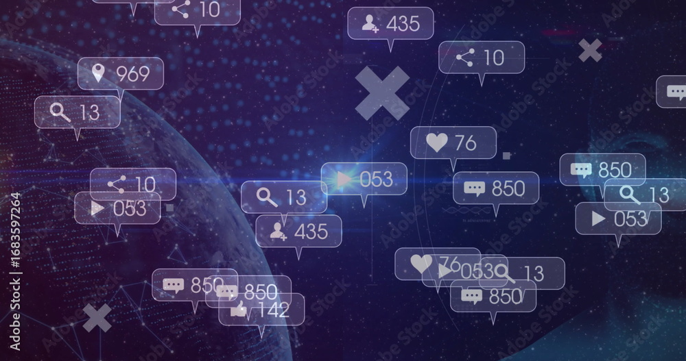 Poster floating grid-lined planet rotating in cosmic space, with notification icons, copy space
