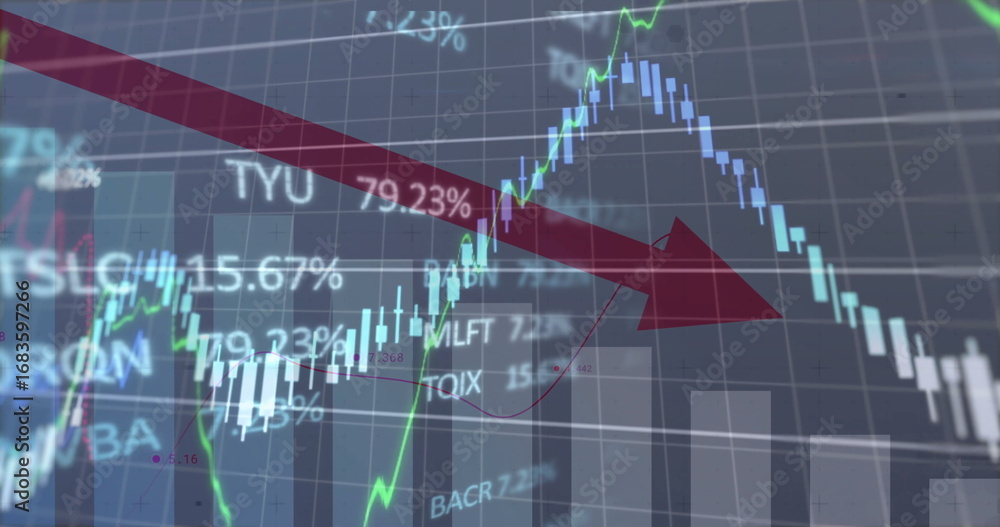 Poster highlighting large red downward arrow on trading screen, showing candlestick bars, green line graph