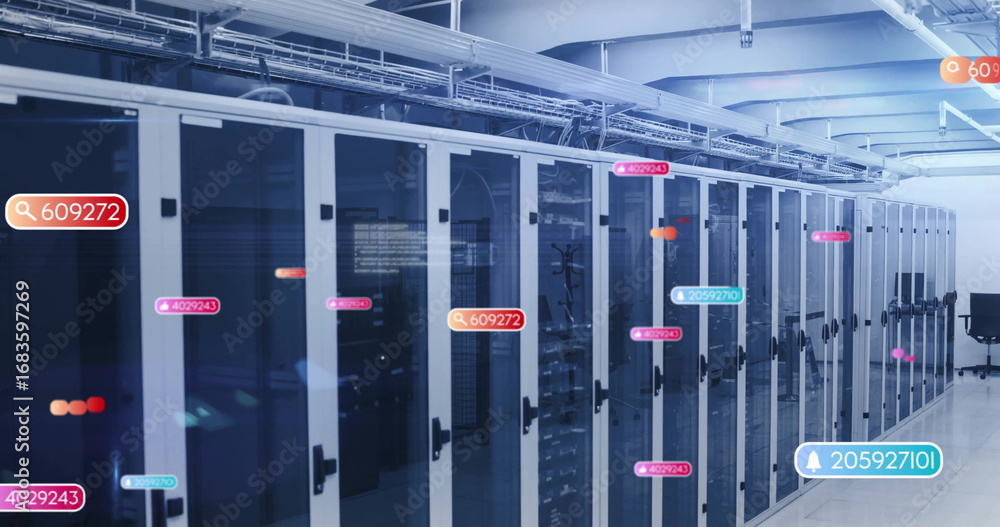 Poster revealing server cabinets containing network hardware in data center, with floating overlays