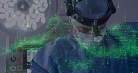 Examining surgeon in blue scrubs viewing holographic data overlay in operating room, copy space