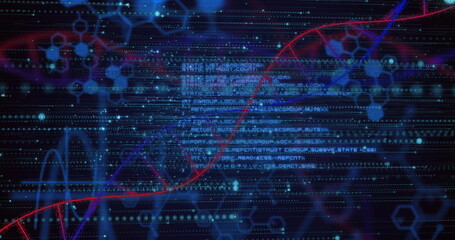 Sweeping red DNA double helix curve cutting through interface, with binary code and hexagon nodes
