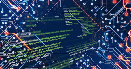 Glowing neon circuit board pattern overlaying code interface, with program code and glowing nodes