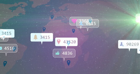 Floating icons showing counts on bell, pin, like, heart, envelope, user over digital world map