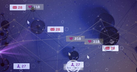 Displaying dark spheres linked by lines on purple backdrop, with envelope, heart, user icons