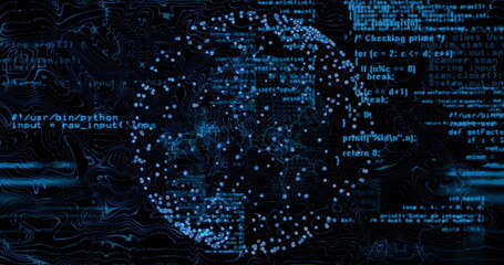 Displaying spherical network glowing with blue nodes in virtual interface, with code and contours