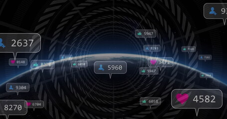 Displaying Earth horizon with floating notification bubbles in outer space, geometric tunnel