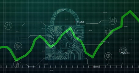 Circuit-board padlock overlaying green line graph on grid, with connected icons and data labels