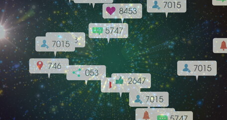 Floating notifications drifting in cosmos, with heart comment user share thumbs-up pin bell counts