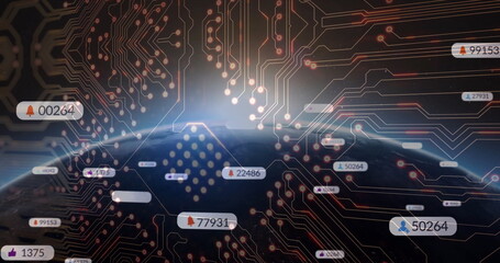 Displaying digital Earth globe orbiting virtual space, with glowing circuits and notification icons