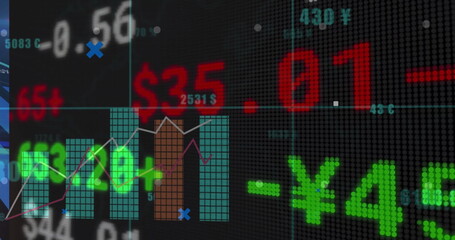 Displaying screen in data center, showing ticker values with currency symbols and bar, line charts