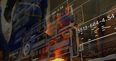 Pouring molten metal worker in coveralls tilting crucible at foundry with sparks, digital overlay