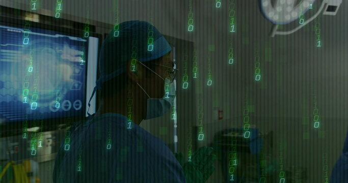 Surgeon in blue scrubs operating in operating room, with medical monitor and binary code overlay