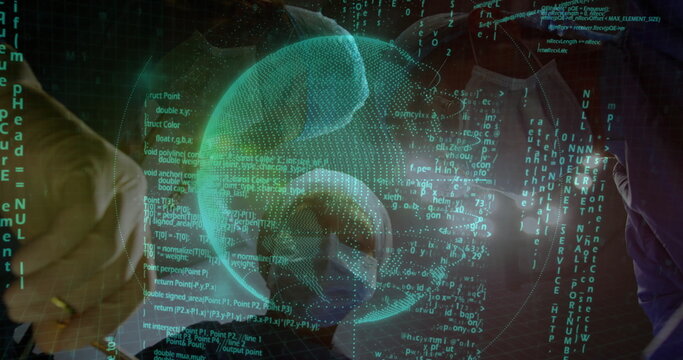 Pointing gloved hand toward holographic globe in operating room, doctors in scrubs studying code