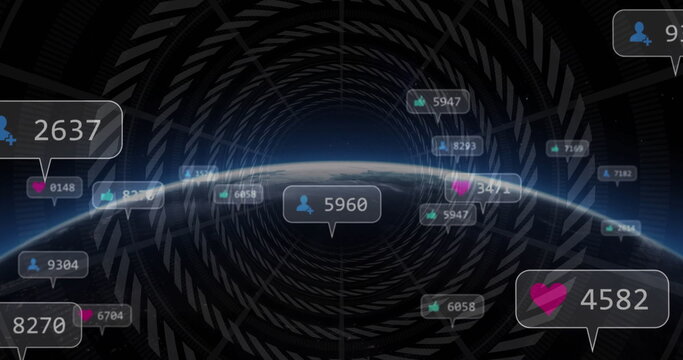 Naklejki Displaying Earth horizon with floating notification bubbles in outer space, geometric tunnel