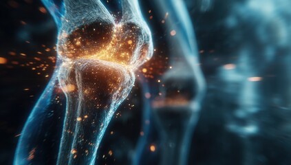 Knee joint, glowing particles