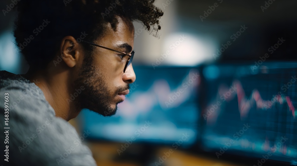 Poster young focused investor analyzing financial market charts on multiple computer screens making data dr