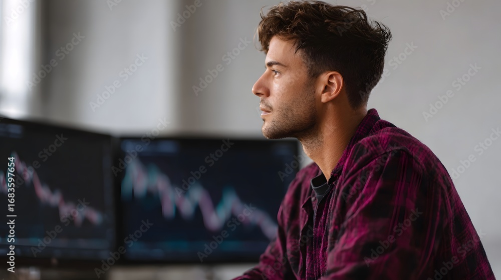 Poster young man intently analyzing financial market data displayed on multiple computer screens in a moder