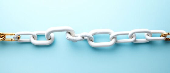 White and Gold Chain Links on Light Blue Background, Abstract Art Symbolizing Connection, Strength, and Unity with Broken Link Represents Challenges