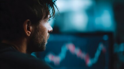 Focused man intently watches a glowing digital financial chart on a computer screen in a dim dark room analyzing market trends