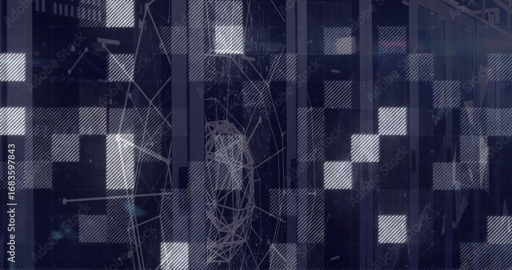 Poster network visualization streaming data in server rack, translucent squares and node connections
