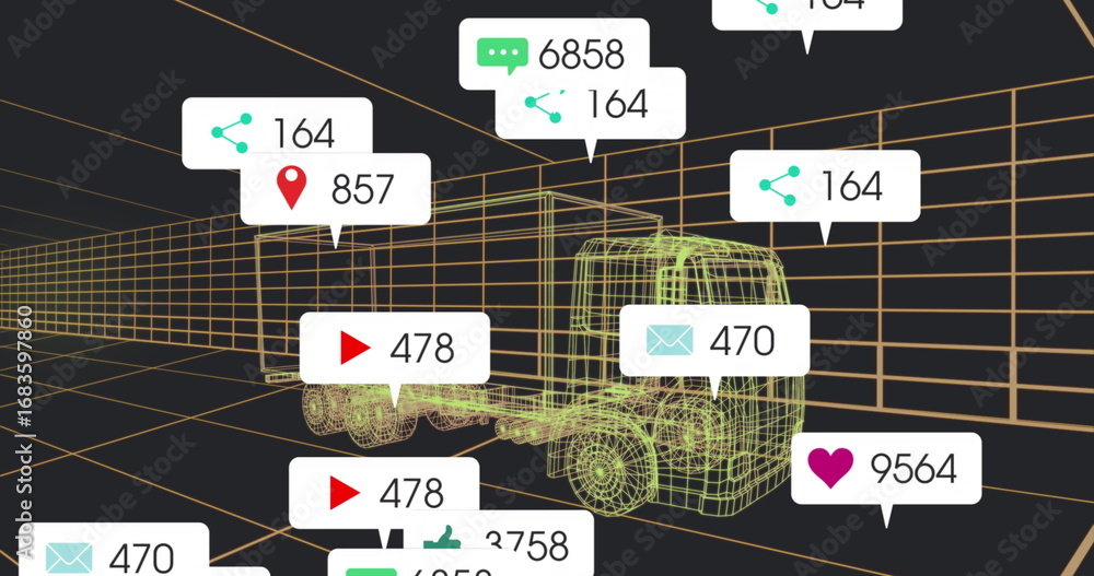 Poster displaying wireframe truck trailer model in virtual 3d grid space, with annotation boxes and icons