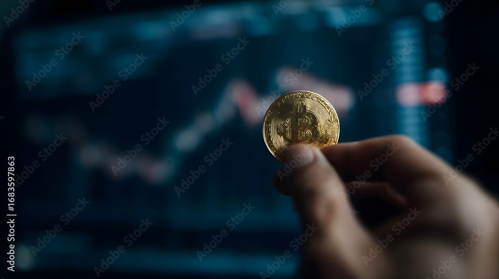 Poster hand holding a gleaming bitcoin coin against a blurred background displaying a dynamic financial mar