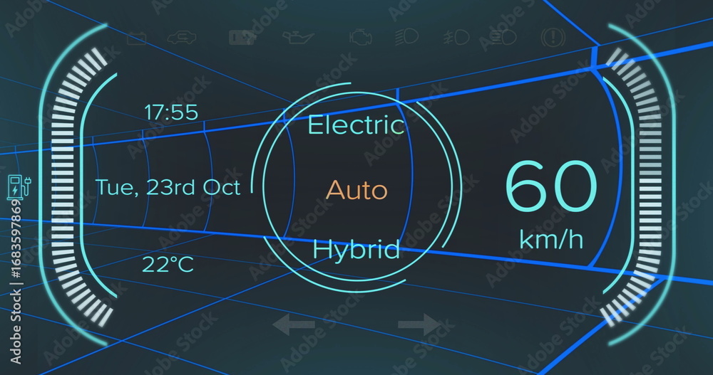 Poster dashboard interface displaying 60km or h speedometer in ui, with mode selector, temperature and icon